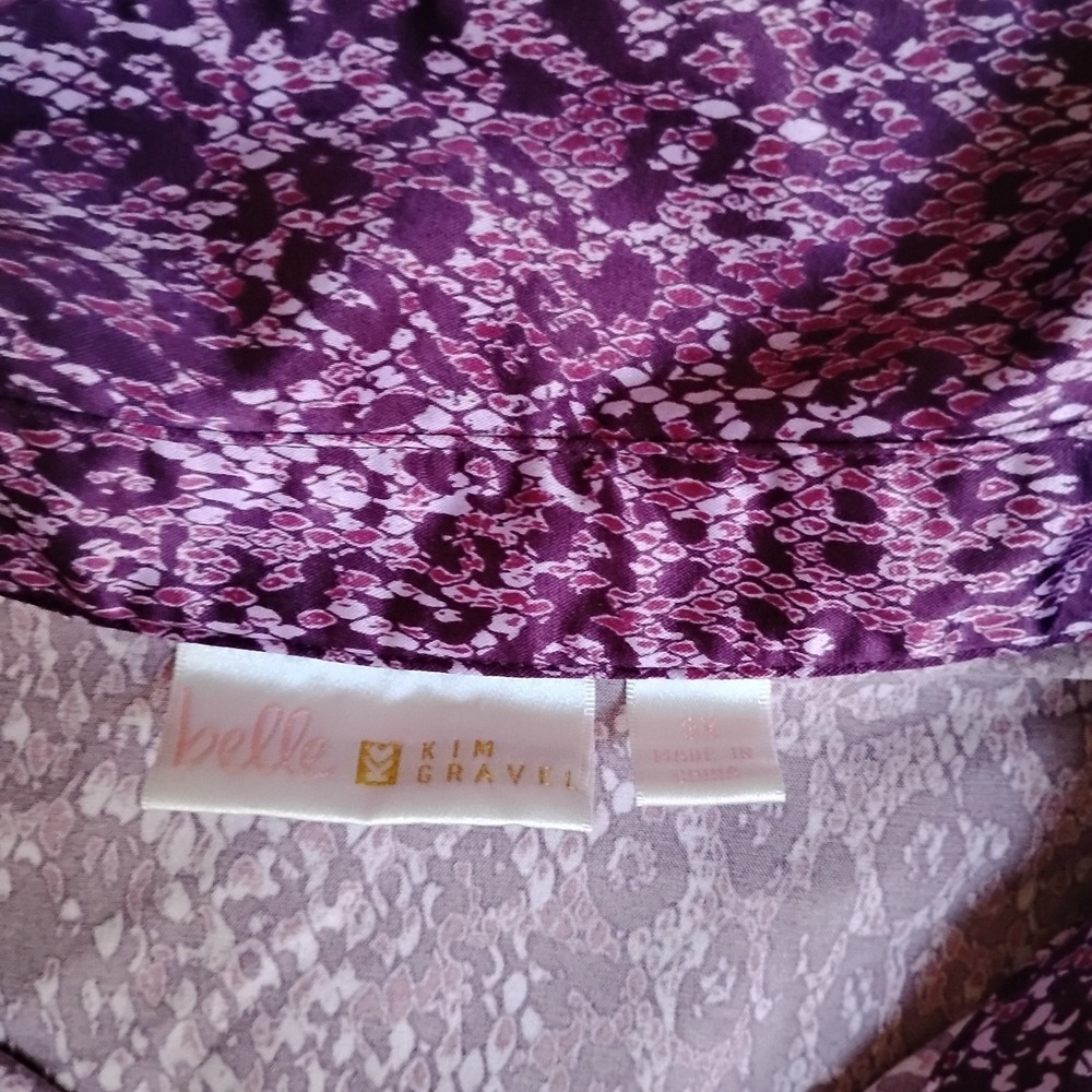 Belle Kim Gravel Top 3x Button Down Animal Print Satin Capsule Office Purple - Picture 5 of 13